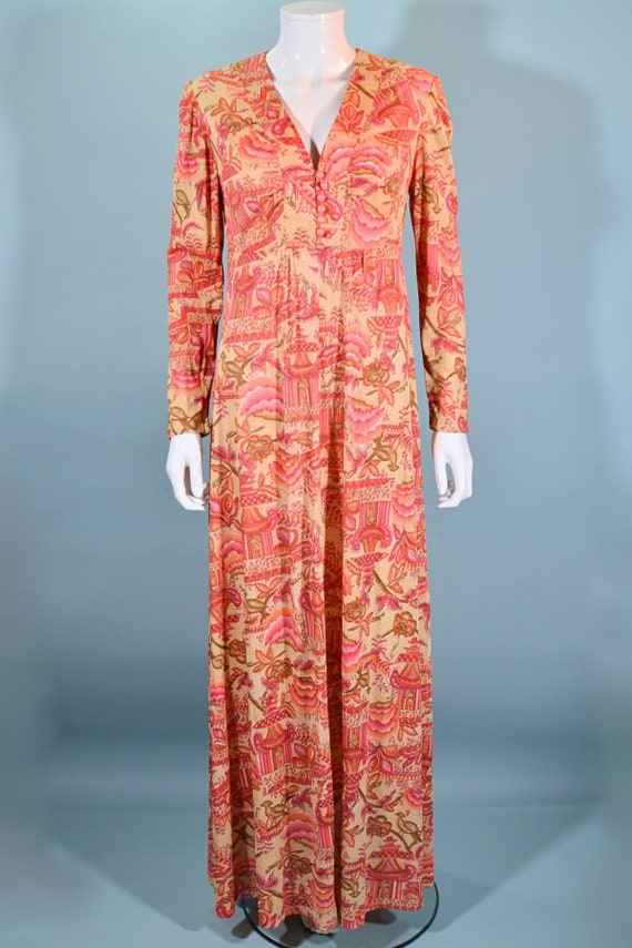 Vintage 70s Maxi Dress, Birds Flowers & Pagodas P… - image 4