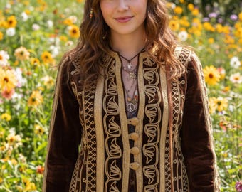XS/P Vintage Afghan Brown Velvet Jacket w/Gold Trim, Rocker Hippie Jacket