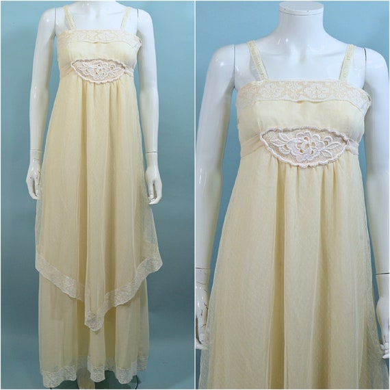 Vintage 60s Cream Sheer Lace Maxi Dress, 20s Styl… - image 3