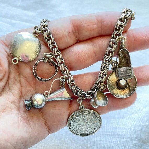 Vintage Sterling Silver Charm Bracelet, Mexican Souvenir Tourist