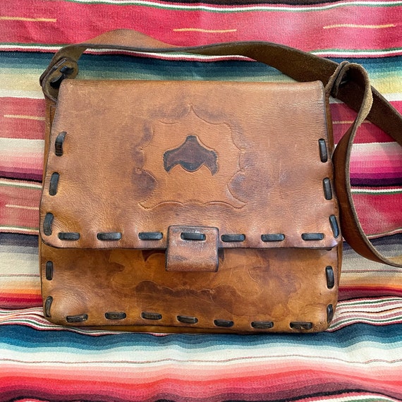 Vintage Handmade Leather Bag, Messenger Style Bag… - image 3