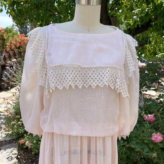 Vintage 80s Soft Pink Lace Collar Dress, 80s Cott… - image 2