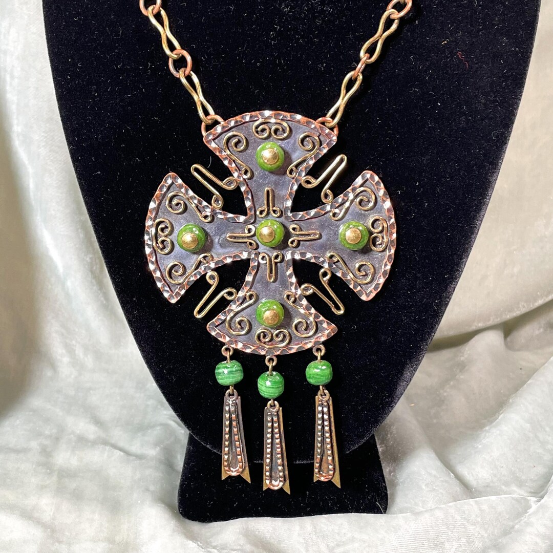 Casa Maya Pendant Necklace + Earrings Set, Aztec/Maya Hammered Brass/Copper + Beads