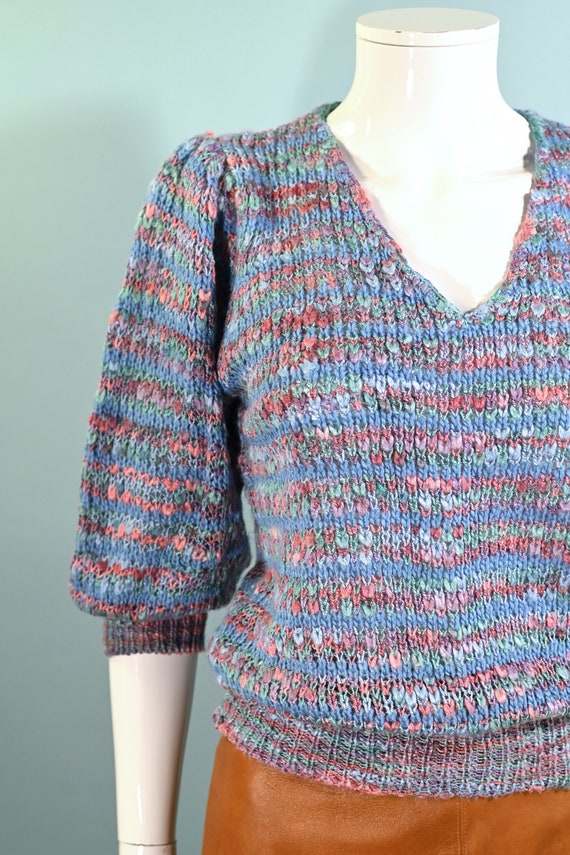 Vintage 70s Blue Variegated Knit Pullover Sweater… - image 2