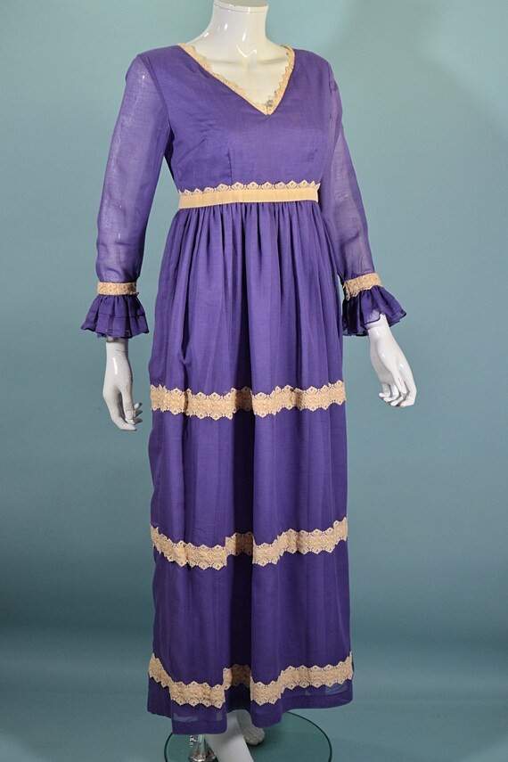 Vintage 60s/70s Purple Maxi Dress Ruffle & Lace D… - image 4