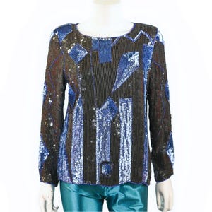 Vintage 80s Pullover Beaded Sequin Top, Art Deco Pattern M