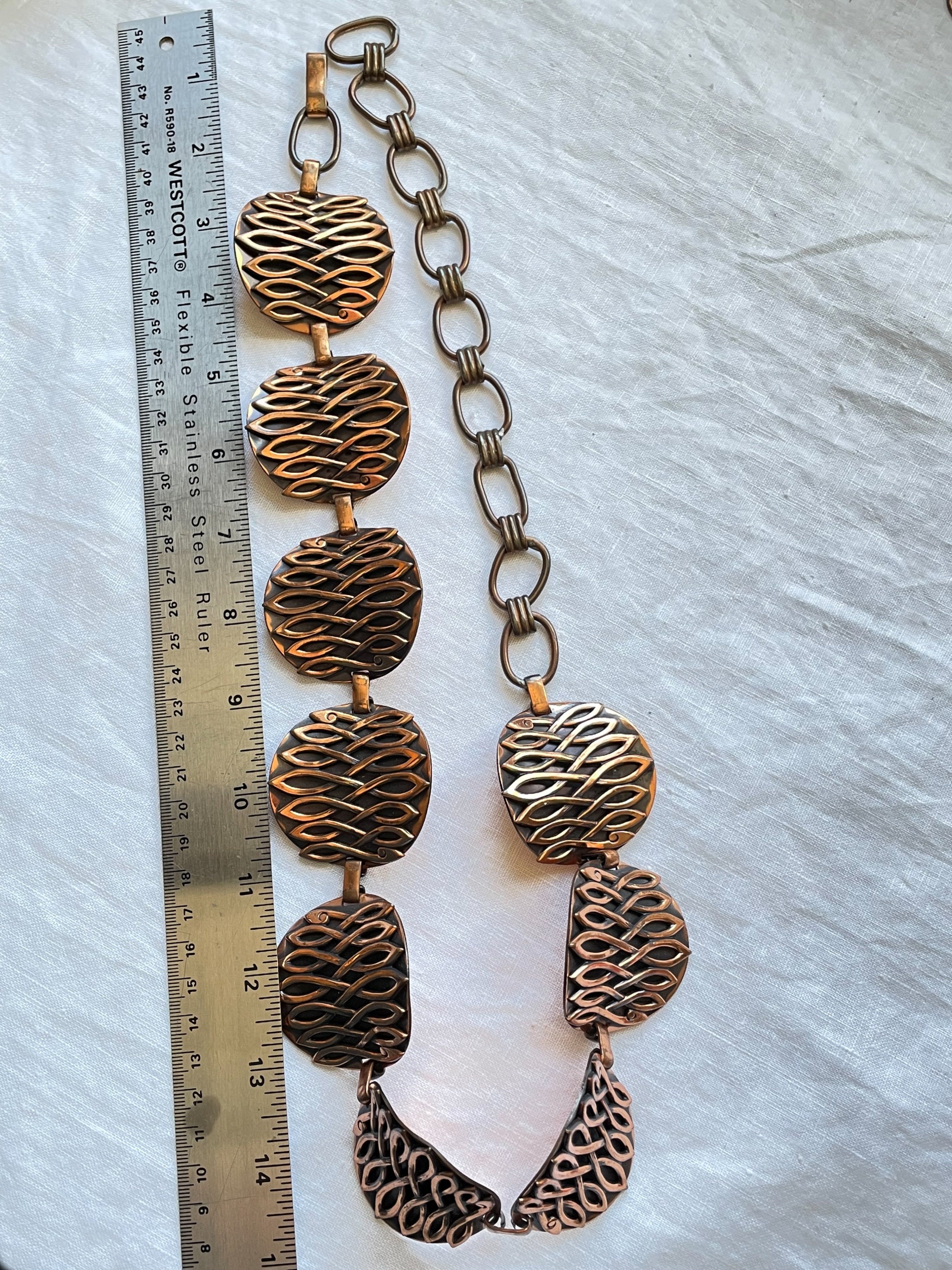 Copper disc link chain belt Vintage Copper Disc Chain Belt, 60s Modernist Handmade Belt  main image 2