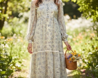 Vintage Candi Jones Floral Maxi Dress, Cottagecore Prairie Dress S