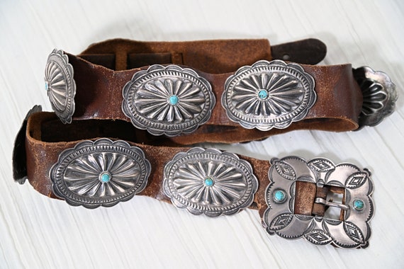 1930s Navajo Concho Belt, Hand Stamped Silver Tur… - image 5