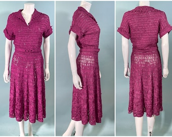 Vintage 40s Cranberry Red Ribbon Dress + Belt, Crochet/Knit Ribbon Dress S