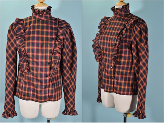 Vintage Prairie Blouse, Cottagecore Plaid Ruffled… - image 7