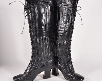 Vintage 60s Black Leather Lace up Granny Boots, Mod