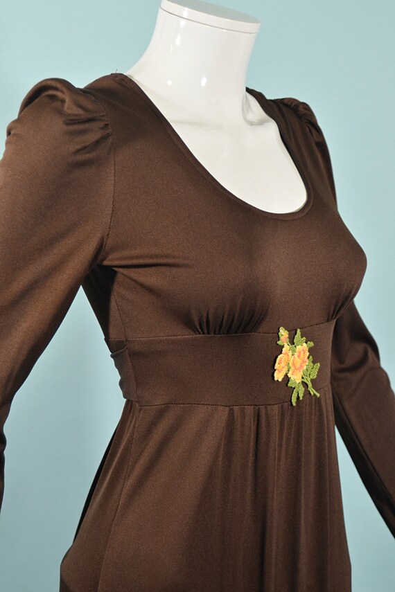 Vintage 70s Brown Knit Maxi Dress w/Applique Flow… - image 5