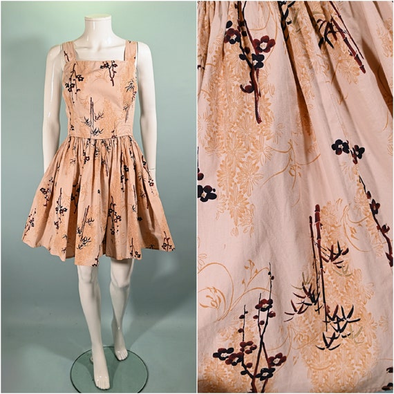 Vintage 50s Asian Print Dress, Full Skirt 26" Wai… - image 7