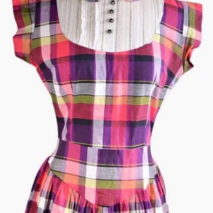 Vintage 50s Plaid Mini Dress Peter Pan Collar Rhinestone Buttons, Junior Sizing Girls or Teen XS/S