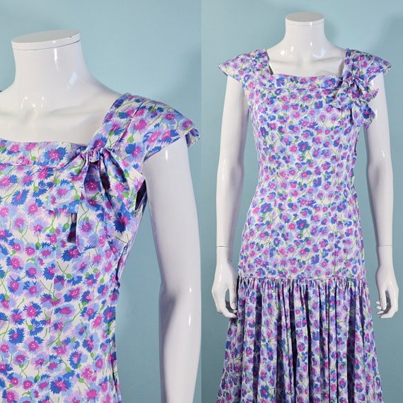 Vintage 1950s Drop Waist Frock, Accent Bows Full S