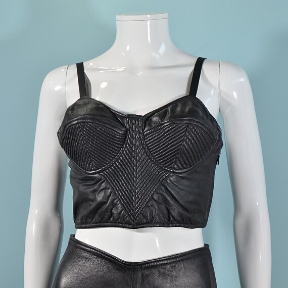 Vintage 80s Black Leather Crop Top Corset Bra, Chi