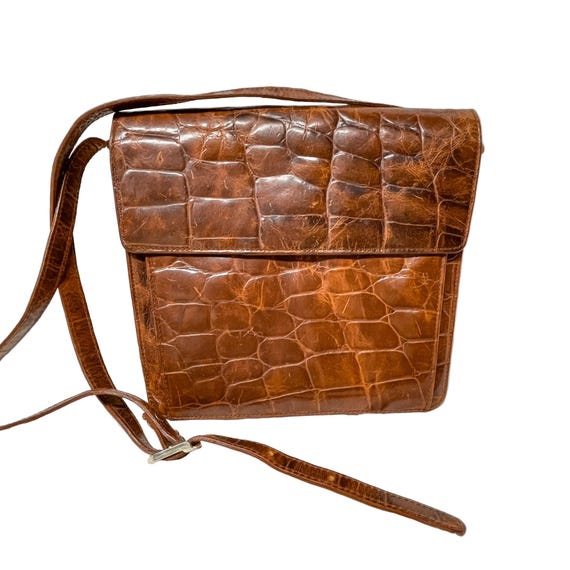 90s vintage レザーバッグ Vintage 90s Genuine Leather Faux Crock Pattern Shoulder Bag, Marco