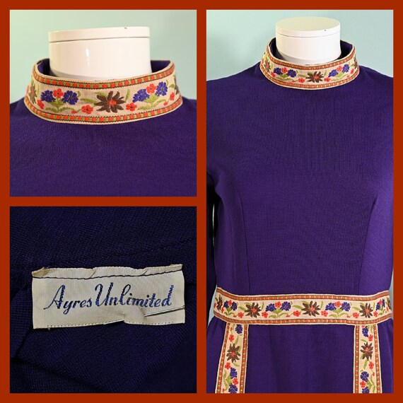 Vintage 60s Deep Purple Hippie Dress, Embroidered… - image 9