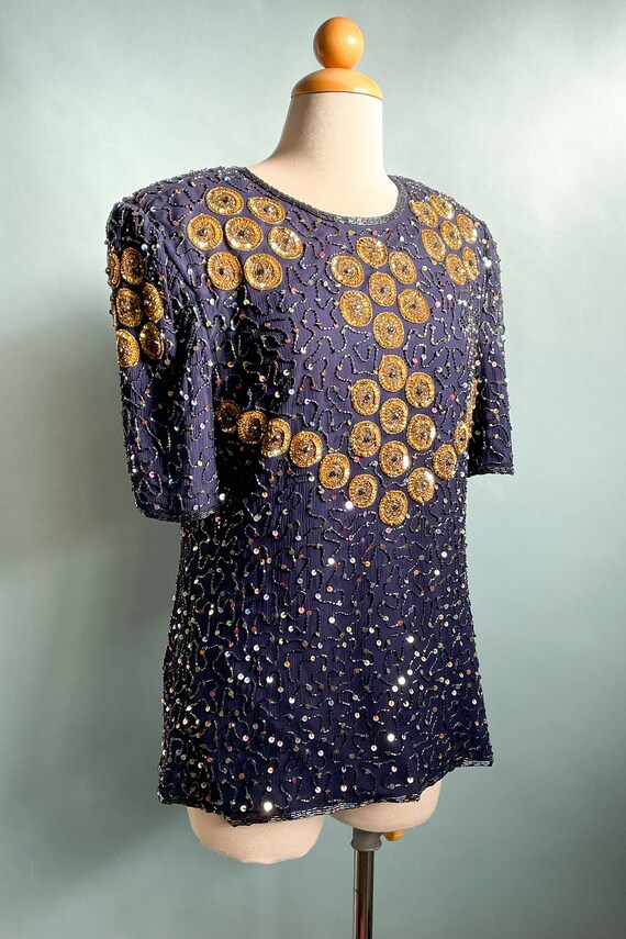 Vintage Laurence Kazar Blue Gold Beaded Sequin Pa… - image 5