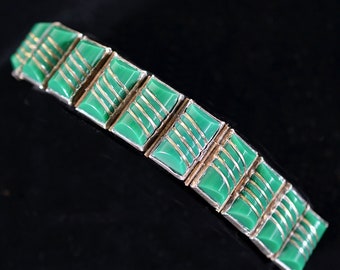 Vintage Del Rio Sterling Silver Green Onyx Bracelet, Mexican Silver 76.9 Grams