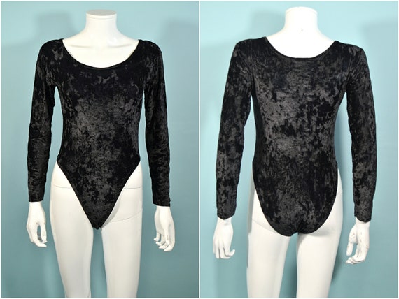Vintage Black Crushed Velvet Bodysuit, 80s Sexy Leotard Body Wear S main image 0