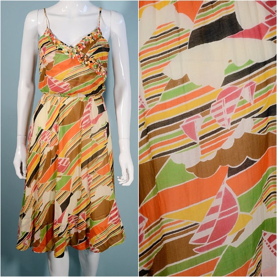 Vintage 70s Spaghetti Strap Summer Dress, Nautica… - image 3
