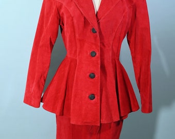 Chia Vintage 80s Does 40s Red Suede Peplum Jacket/Skirt, 2 Piece Set Fits like S