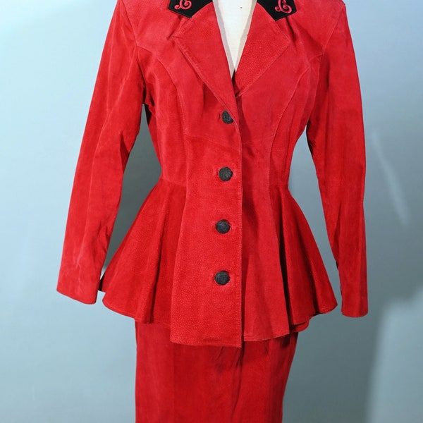 Chia Vintage 80s Does 40s Red Suede Peplum Jacket/Skirt, 2 Piece Set Fits like S