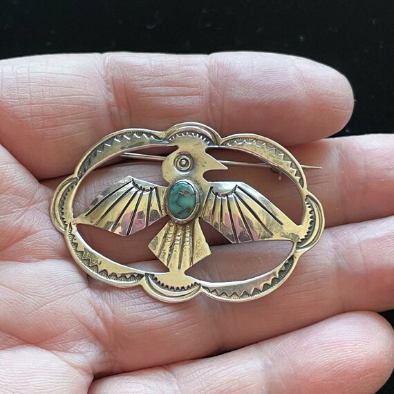 Vintage Sterling Silver Turquoise Thunderbird Bro… - image 4