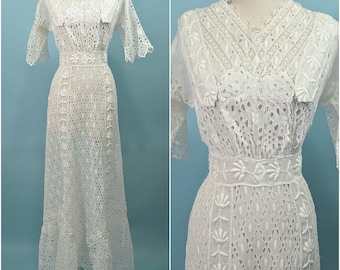 Antique/Vintage Victorian/Edwardian Lace Dress, White Lace Lawn Dress XS/S