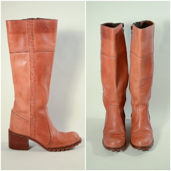 Vintage 70s Boots, Tan Leather + Chunky Heels Made