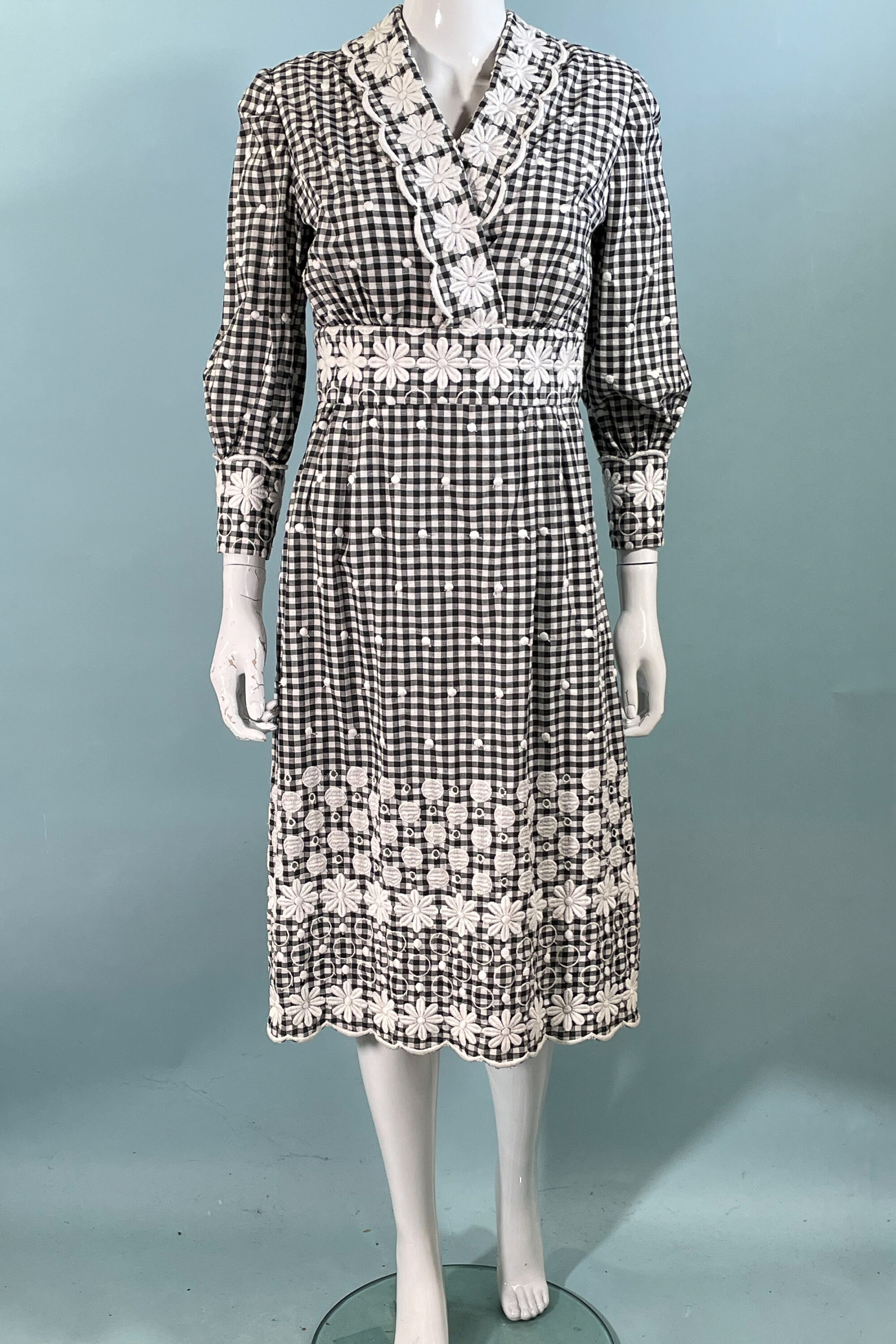 品質検査済 Vintage 60s Gingham Dress, Embroidered Check Black/white ワンピース