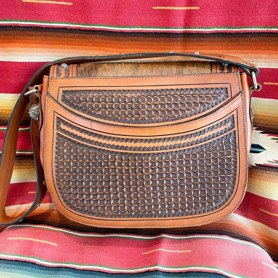 Vintage Tooled Leather Cowhide Shoulder Bag, Meta… - image 9