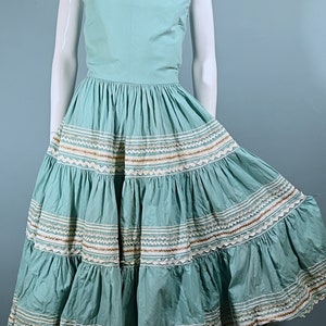 Vintage 50s Aqua Southwestern Patio Dress, Western Rockabilly Dress, Full Sweep Skirt 24&quot; Waist XS