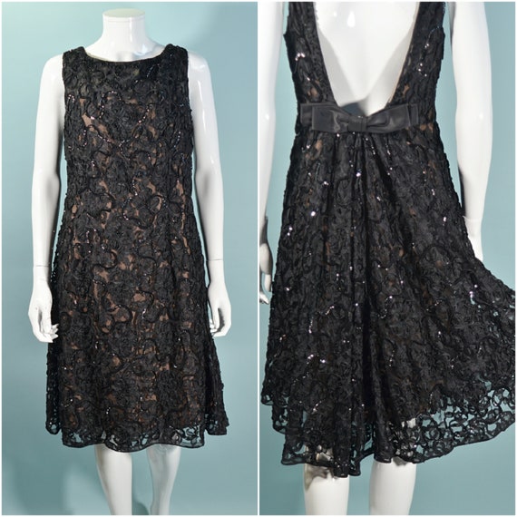 1960s Black Lace Sequin Dress, Deep V Back Cocktai