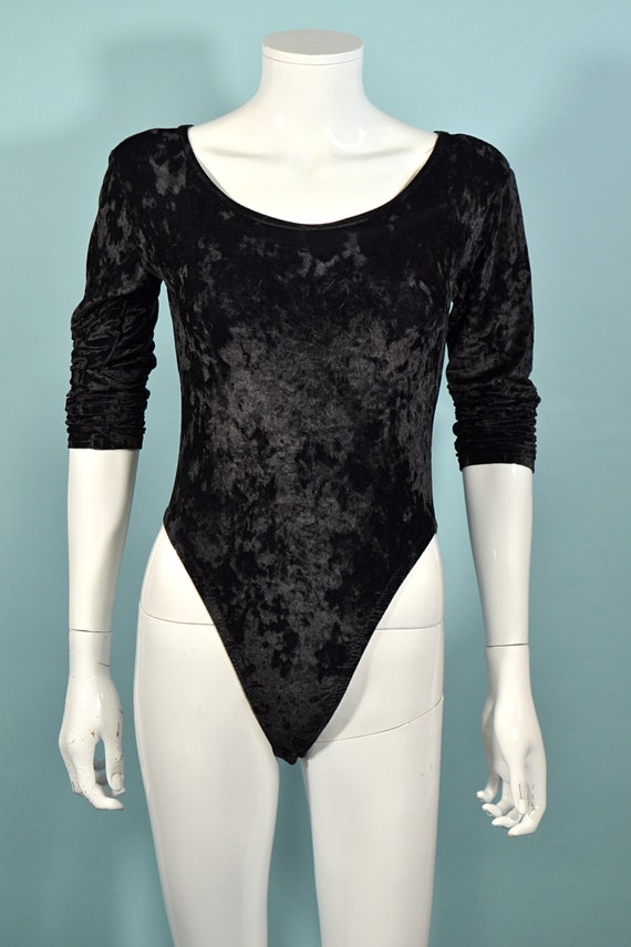 Vintage Black Crushed Velvet Bodysuit, 80s Sexy L… - image 3