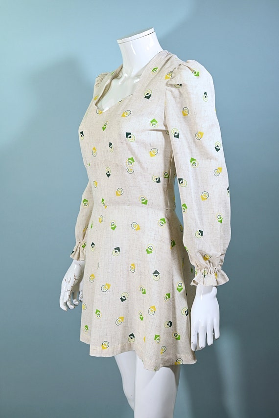 Vintage 60s/70s Linen Mini Dress, Geometric Print… - image 7