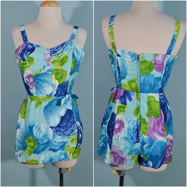 Vintage  50s Jay Hart Blue Floral One Piece Swimwear Bathing Suit, Romper Play Suit Zipper Back Sarong Front 27" Waist