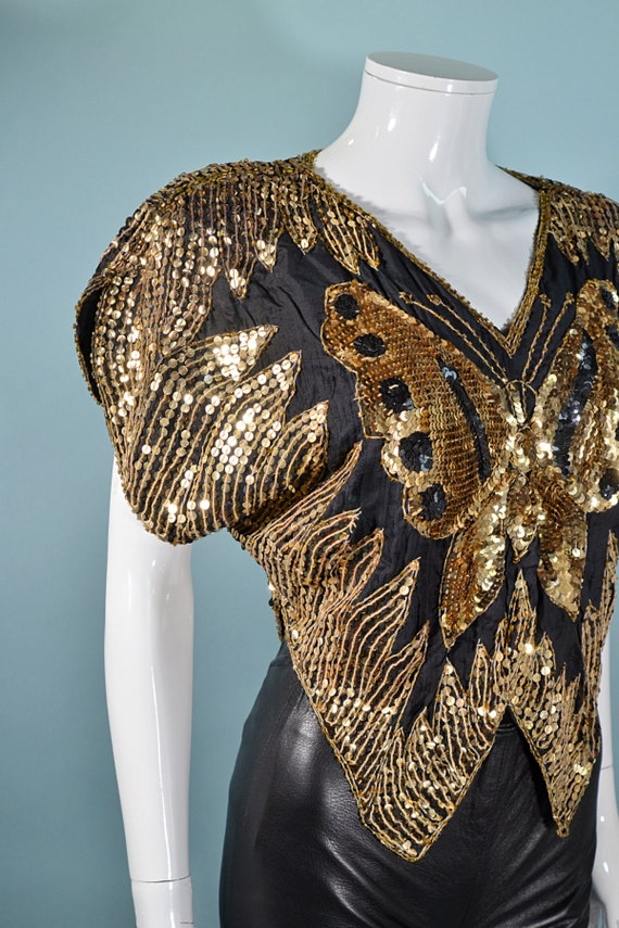 Vintage 70s Sequin Butterfly Top, Gold/Black Boho… - image 3