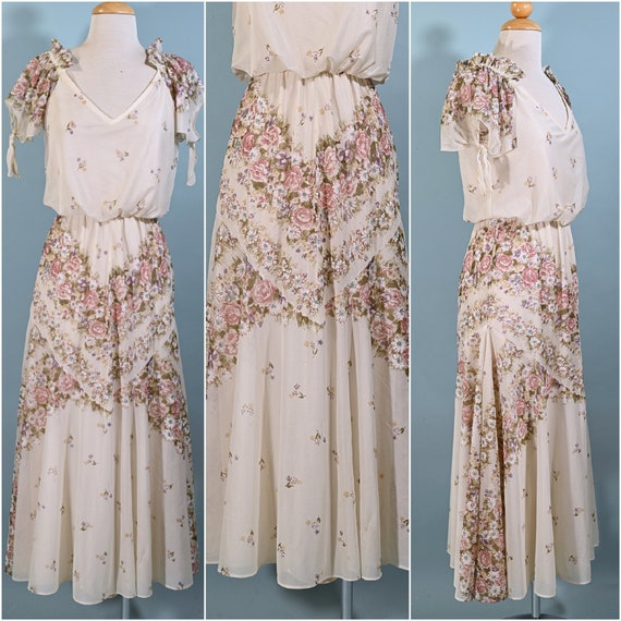 Vintage 70s Romantic Floral Print Long Dress, Gat… - image 7