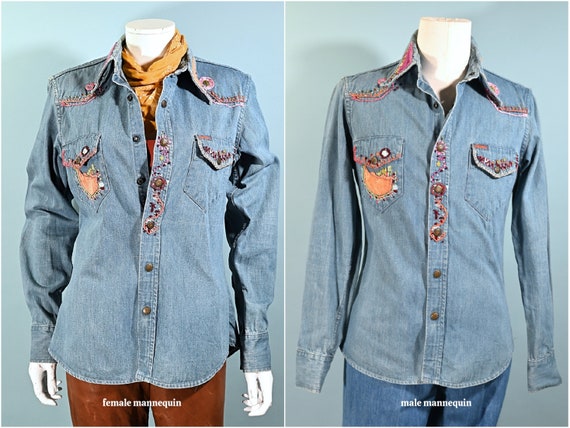 OOAK 60s/70s Landlubber Embroidered Denim Shirt, … - image 5