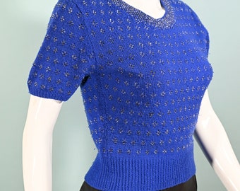 Vintage 50s Blue Beaded Knit Top, Short Sleeves S