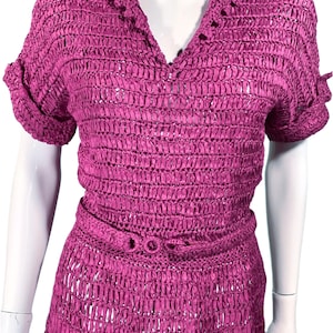 40s Ribbon Dress: Crochet Knit with Belt, Cranberry Color Size S