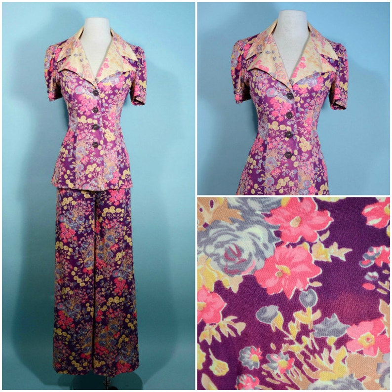 Short Sleeve Tunic Top Purple Flower Hippie Wid Leg Pants Boho Hippie Flowery Suit S Vintage 70s Mod Floral Pant Suit