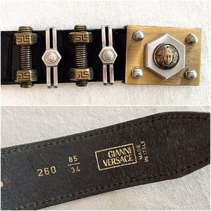 小物 vintage VERSACE suspenders GIANNI VERSACE Black Leather Gold / Silver Tone Medusa Hardware