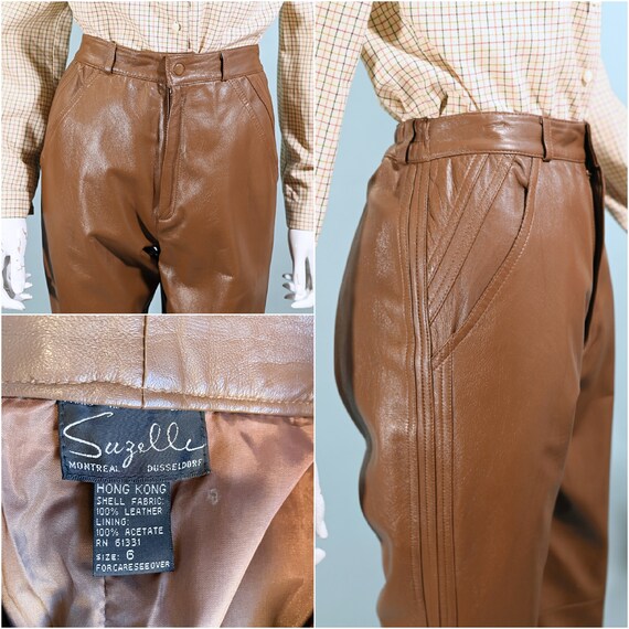 Vintage Brown Leather Pants, Slim Fit W/pockets, 24 in Waist XS/S 