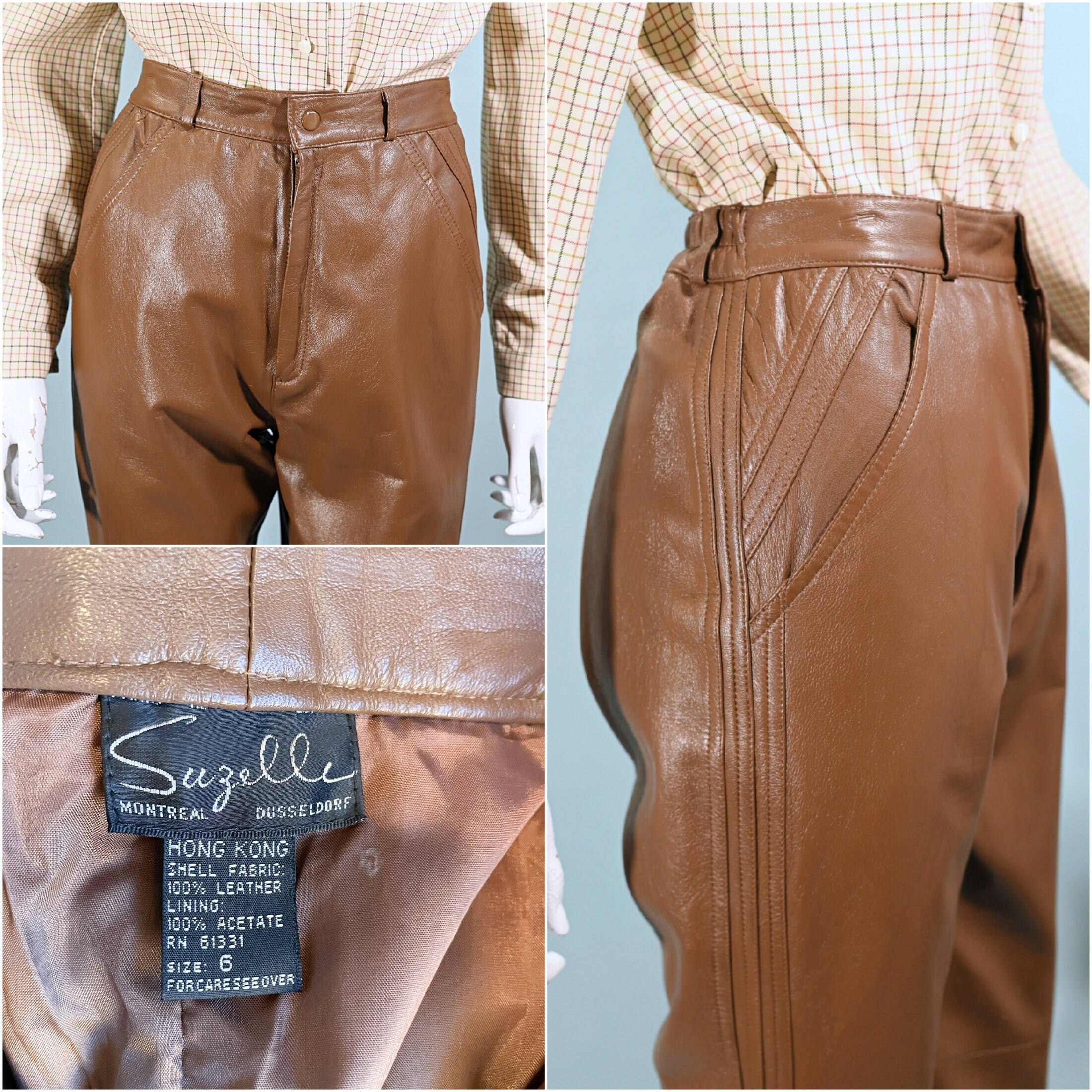 Vintage Brown Leather Pants, Slim Fit w/Pockets, 24 in Waist XS/S 