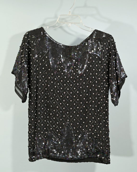 70s Black Silk Beaded/Sequin Top, Relaxed Fit Par… - image 2