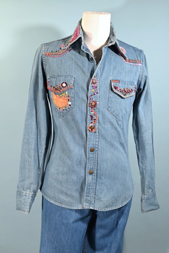 OOAK 60s/70s Landlubber Embroidered Denim Shirt, … - image 3